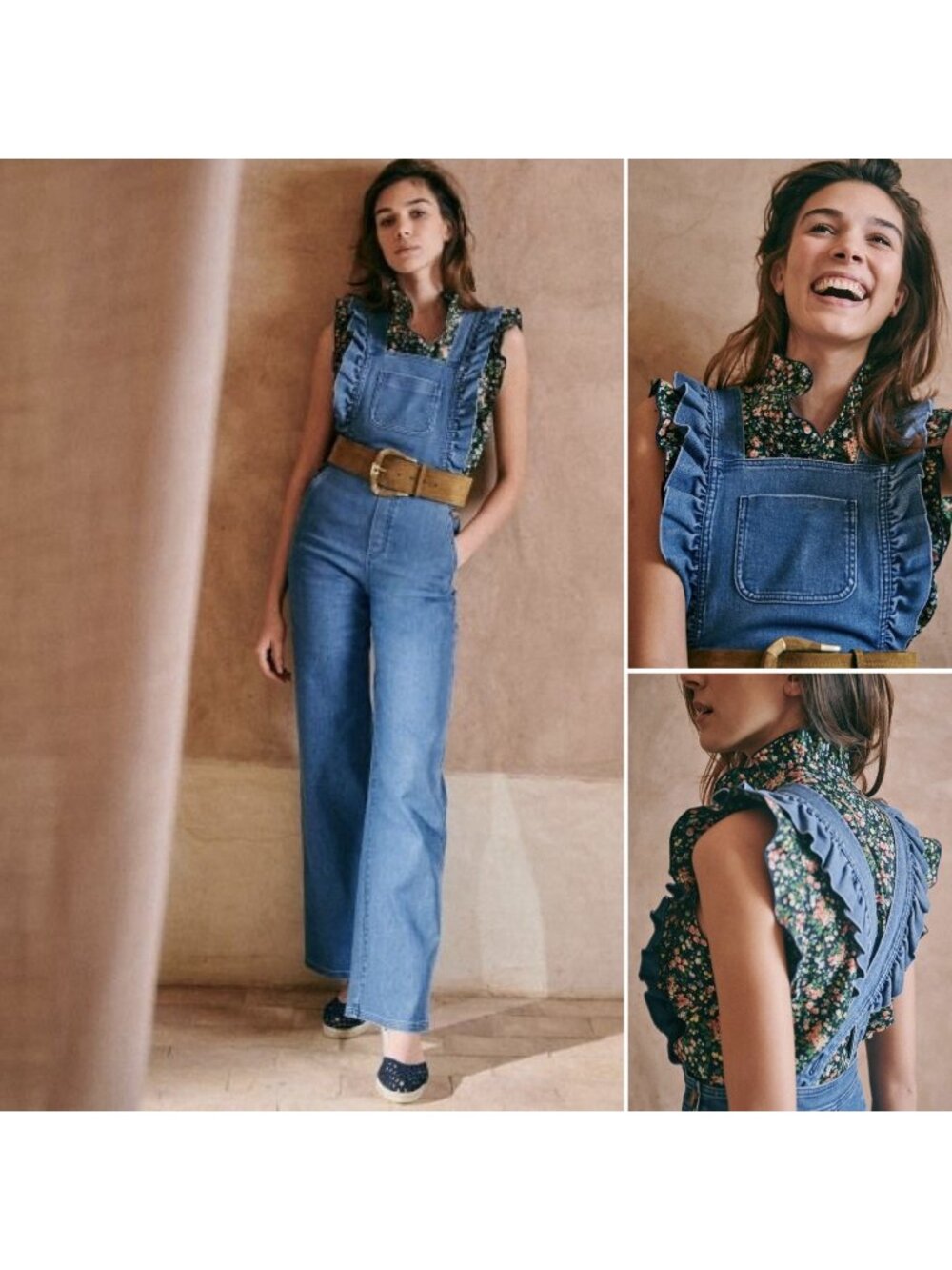 Sezane Rosario Blue Denim Pant Ruffle Jumpsuit Overalls Women’s Size 34 / US 2